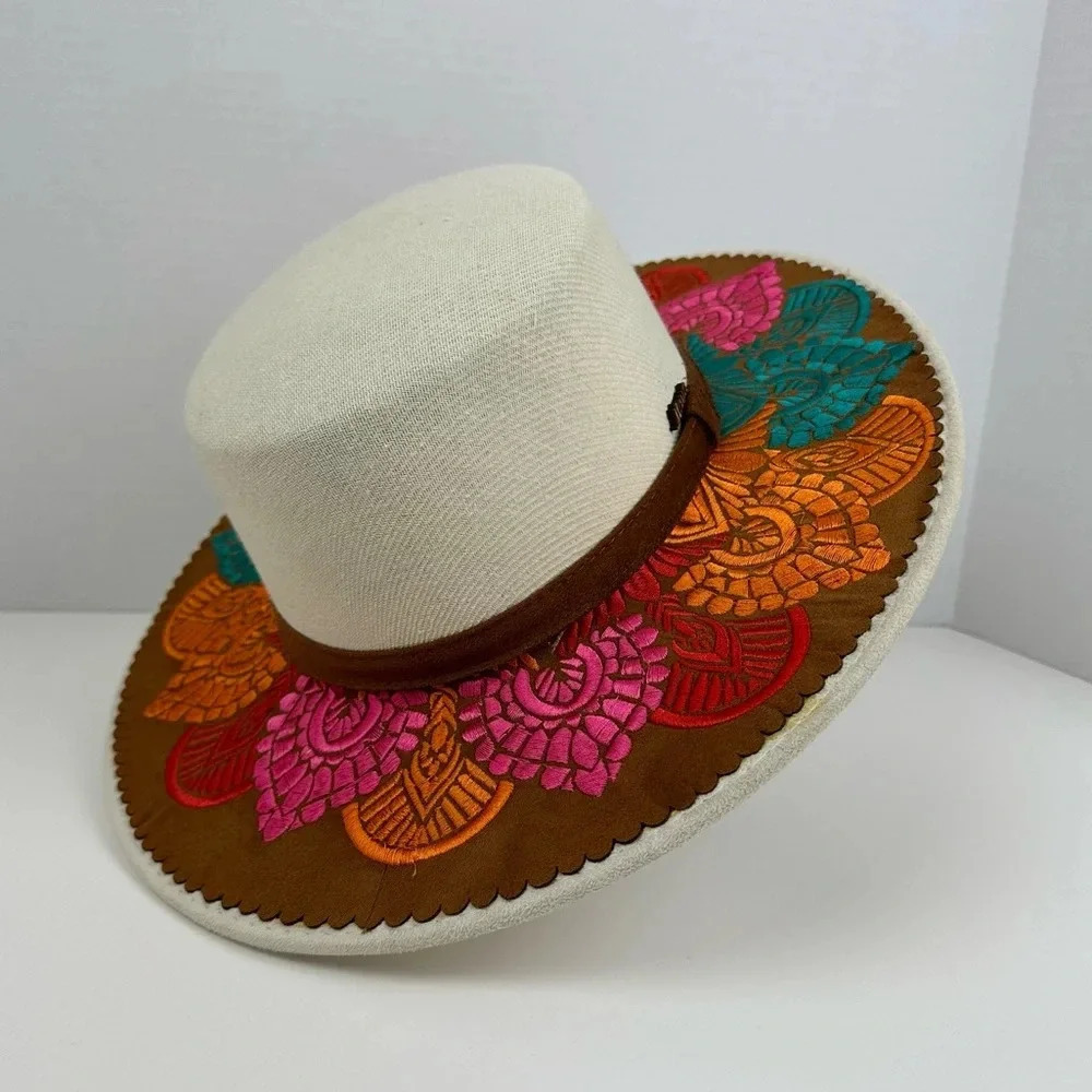 Artesanal Embroidered Colorful Mexican Sombrero Hat Tan Hand Made Large Woman
